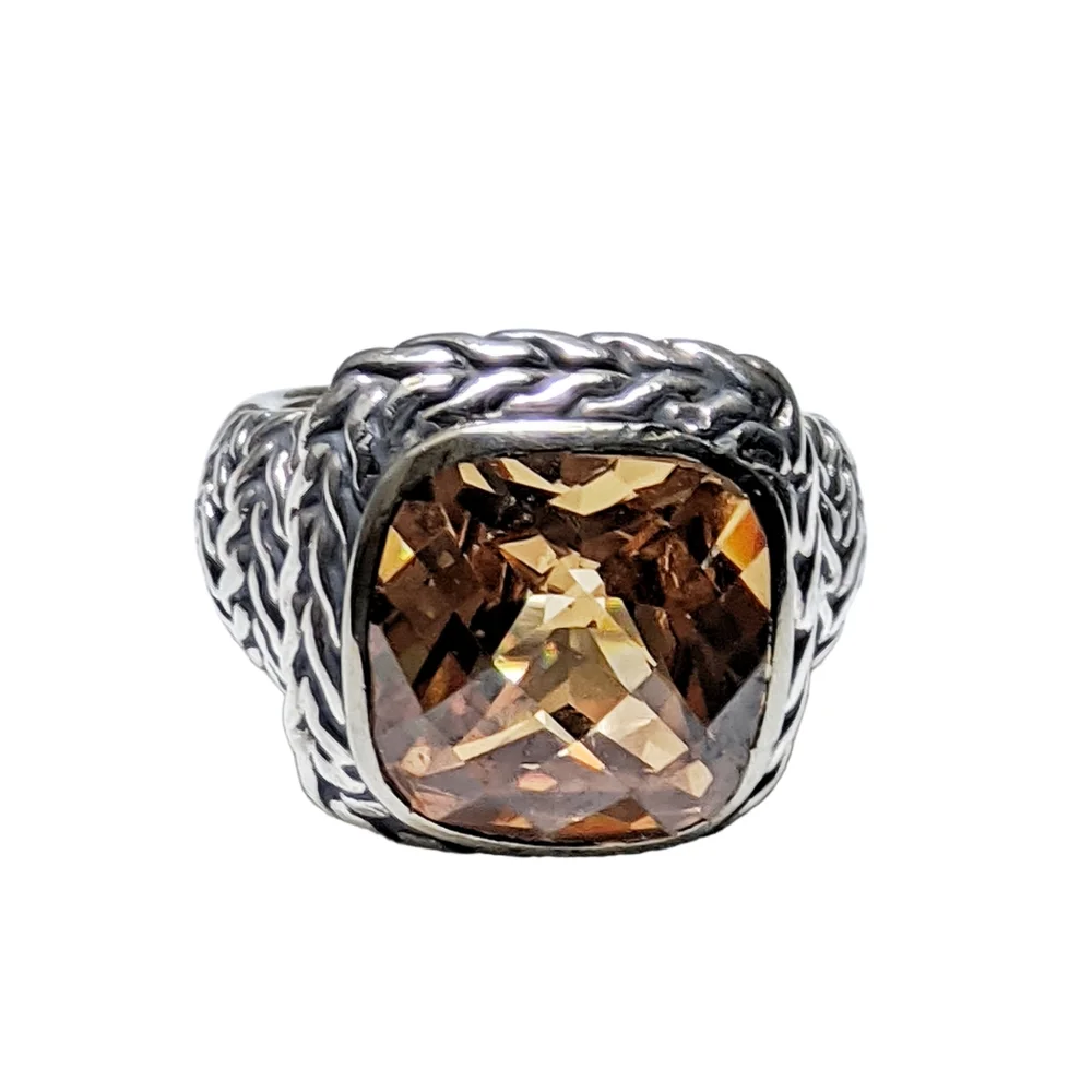 Large Citrine Embossed Design Sterling Silver Ring